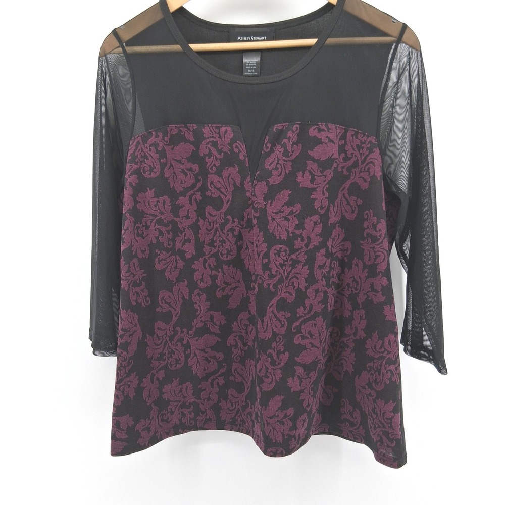 Ashley Stewart Plus Size Floral Mesh Top Blouse Black‎ Purple 14/16